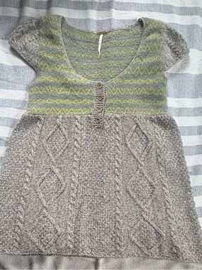 Free People Striped Scoop Neck Short Sleeve Sweater in Green and Gray